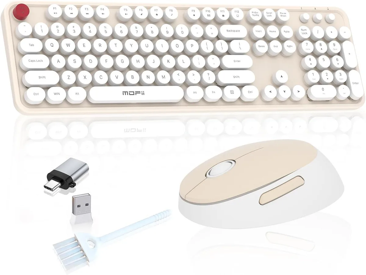 Full-size wireless keyboard in creamy finish with round retro keycaps and matching mouse