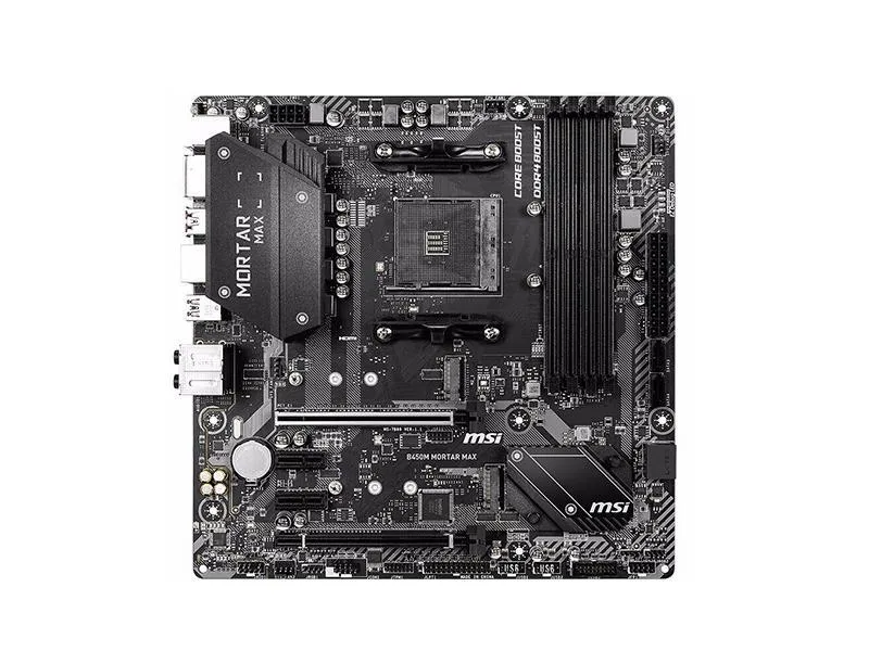 MSI B450M Mortar Max micro ATX motherboard, dark PCB with silver heatsinks