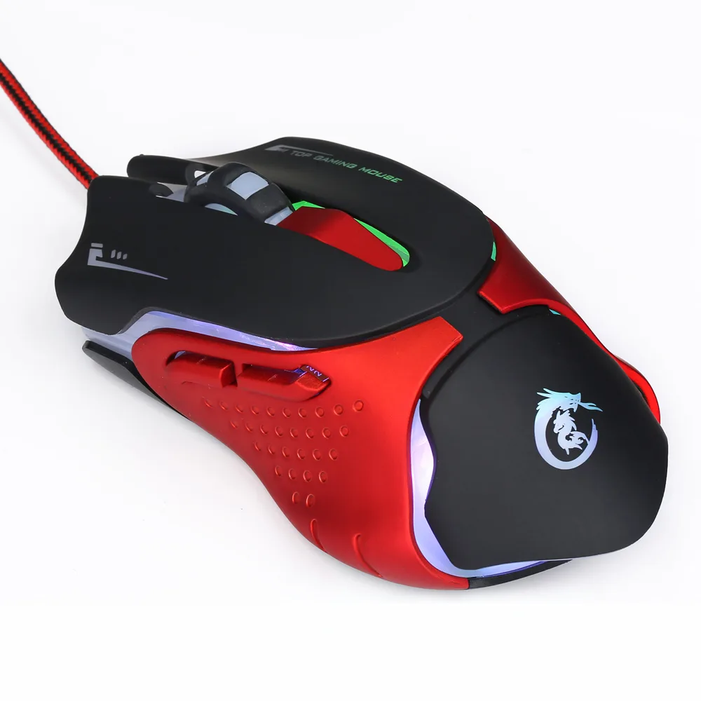 Wired gaming mouse, black and red finish, six buttons, braided cable, LED lighting