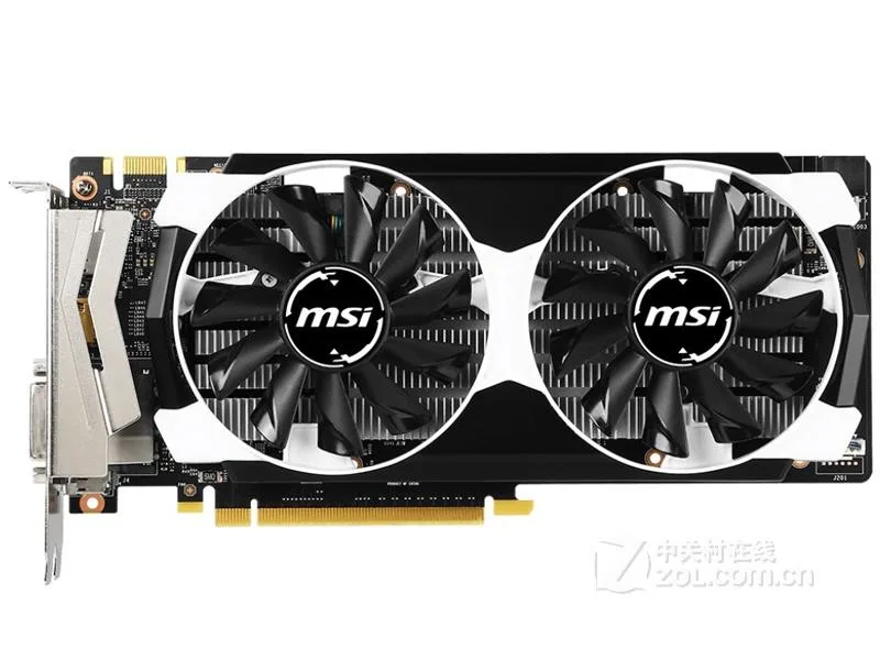 MSI GeForce GTX 950 dual-fan graphics card with black shroud and silver backplate