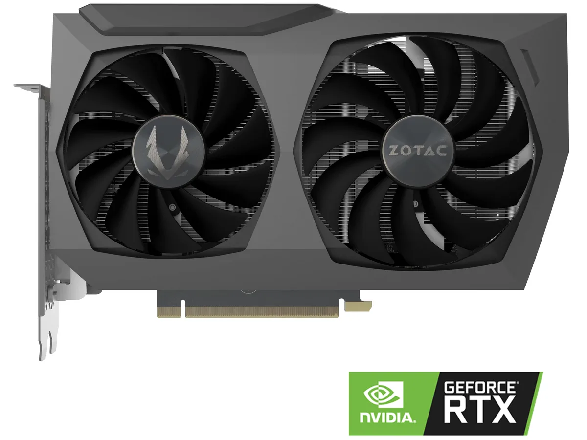 White dual-fan graphics card with metal backplate and white LED logo lighting