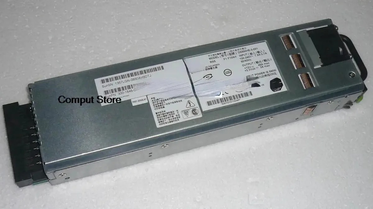 Rectangular silver server power supply unit with rear fan grille and power socket