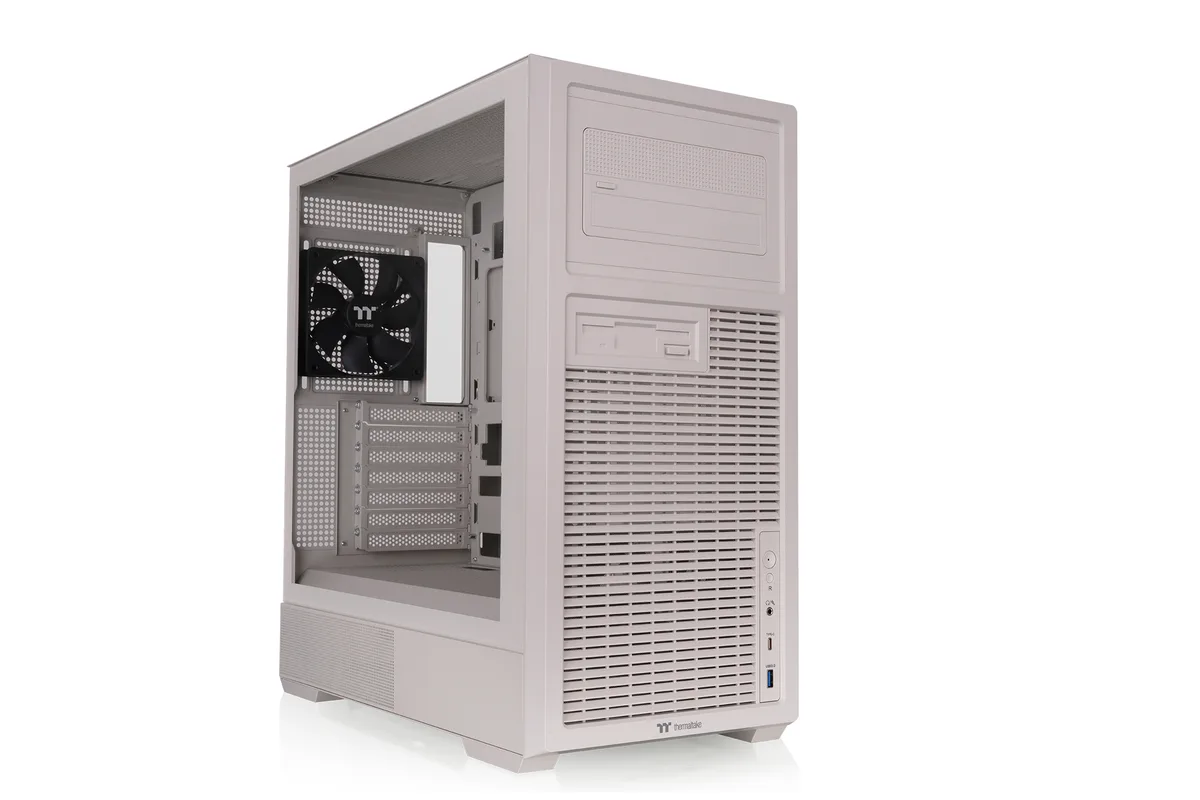 Beige mid-tower case with tempered glass side panel and retro front design