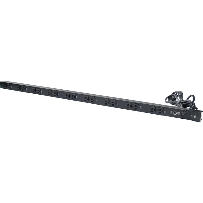 Silver metal vertical power strip with eighteen outlets and a long cord