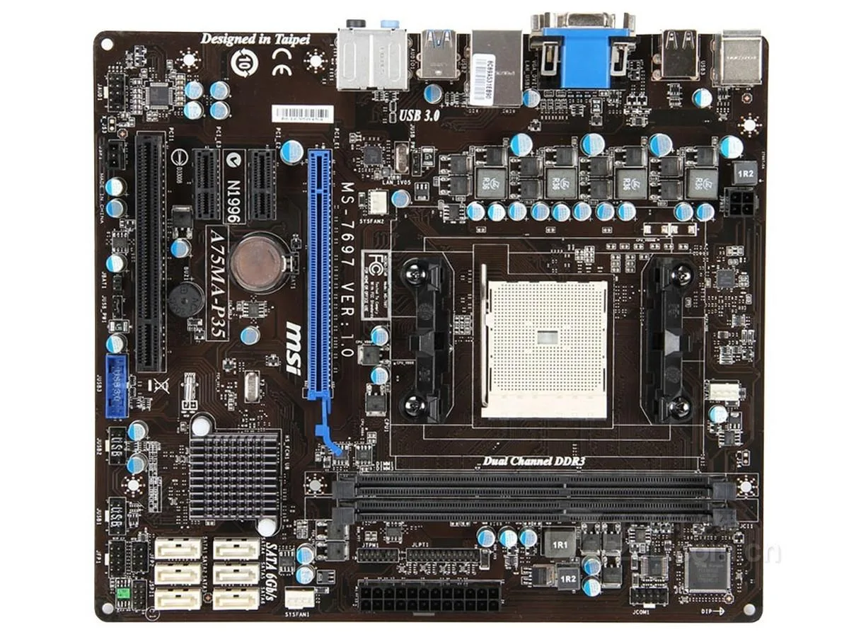 Green micro ATX motherboard with black FM1 socket and blue memory slots