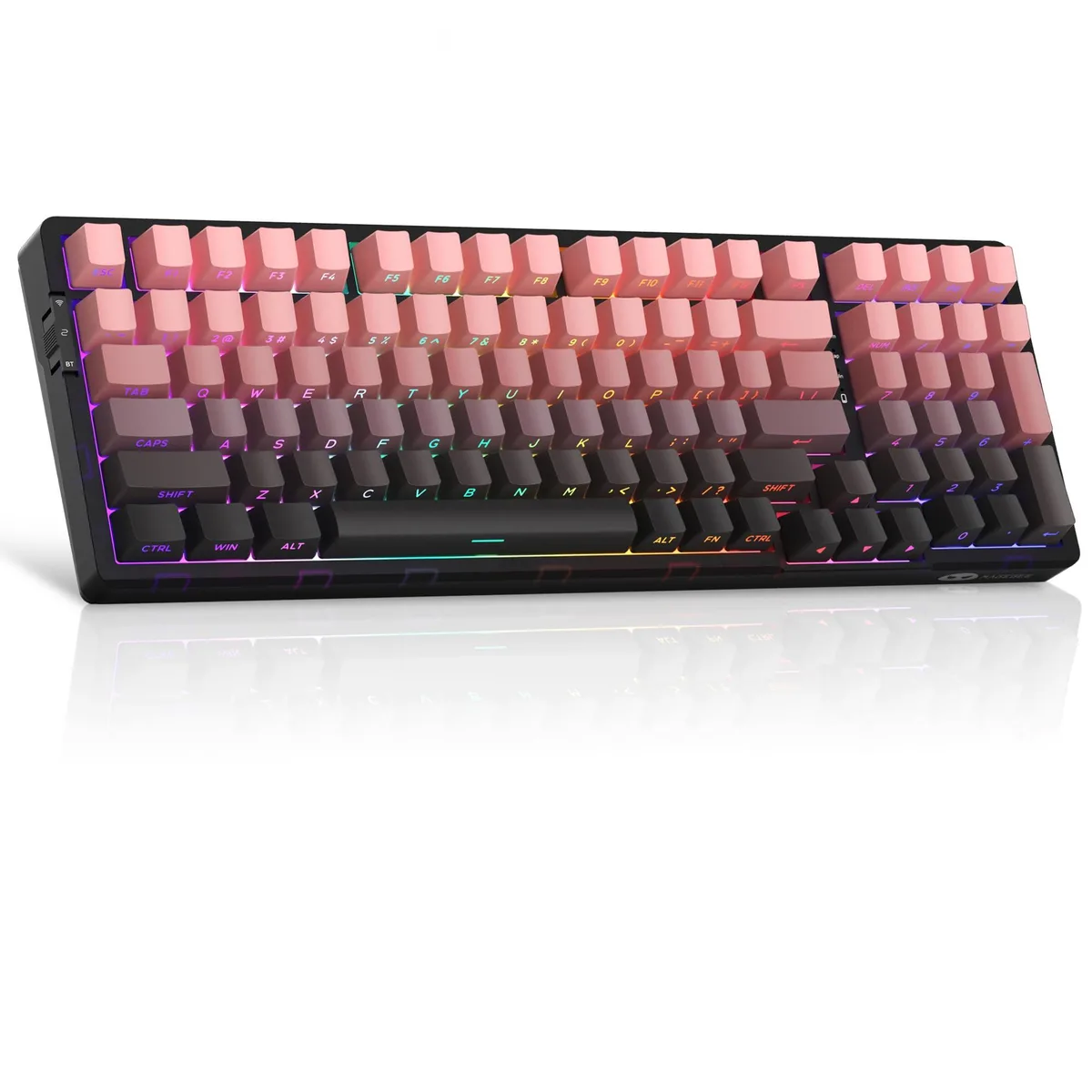 Pink 96 percent mechanical keyboard with side-printed PBT keycaps and blue whale linear switches