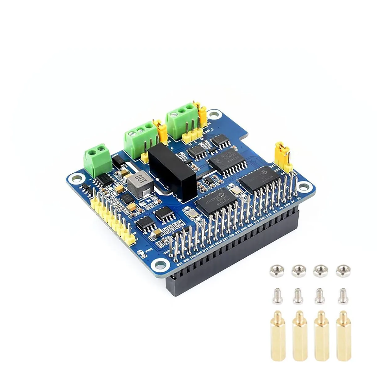 Green rectangular HAT board with dual CAN chips, 40-pin header, terminal blocks and jumper headers