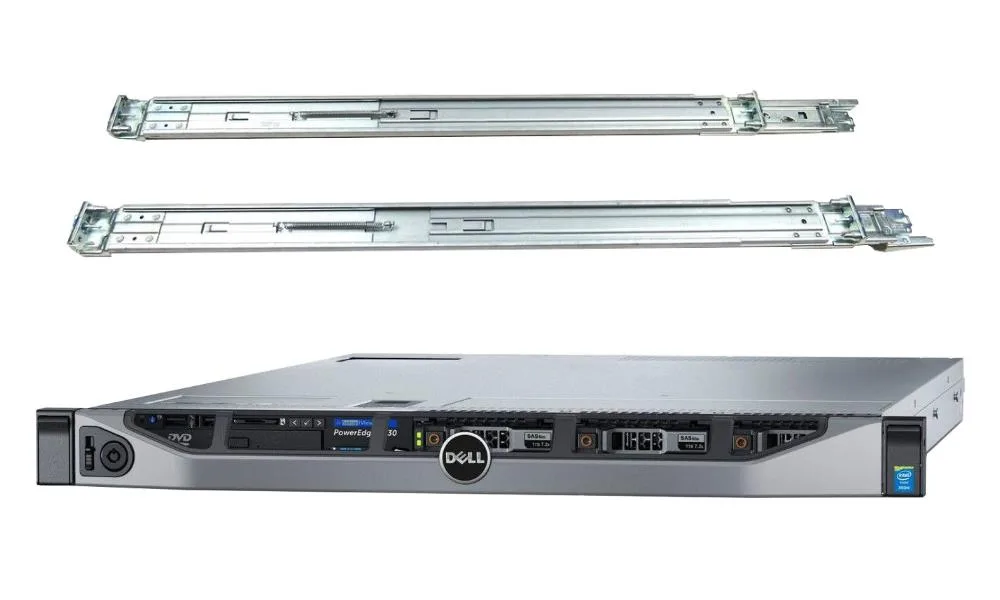 Silver 1U rack server with eight 2.5-inch drive bays, rail kit attached