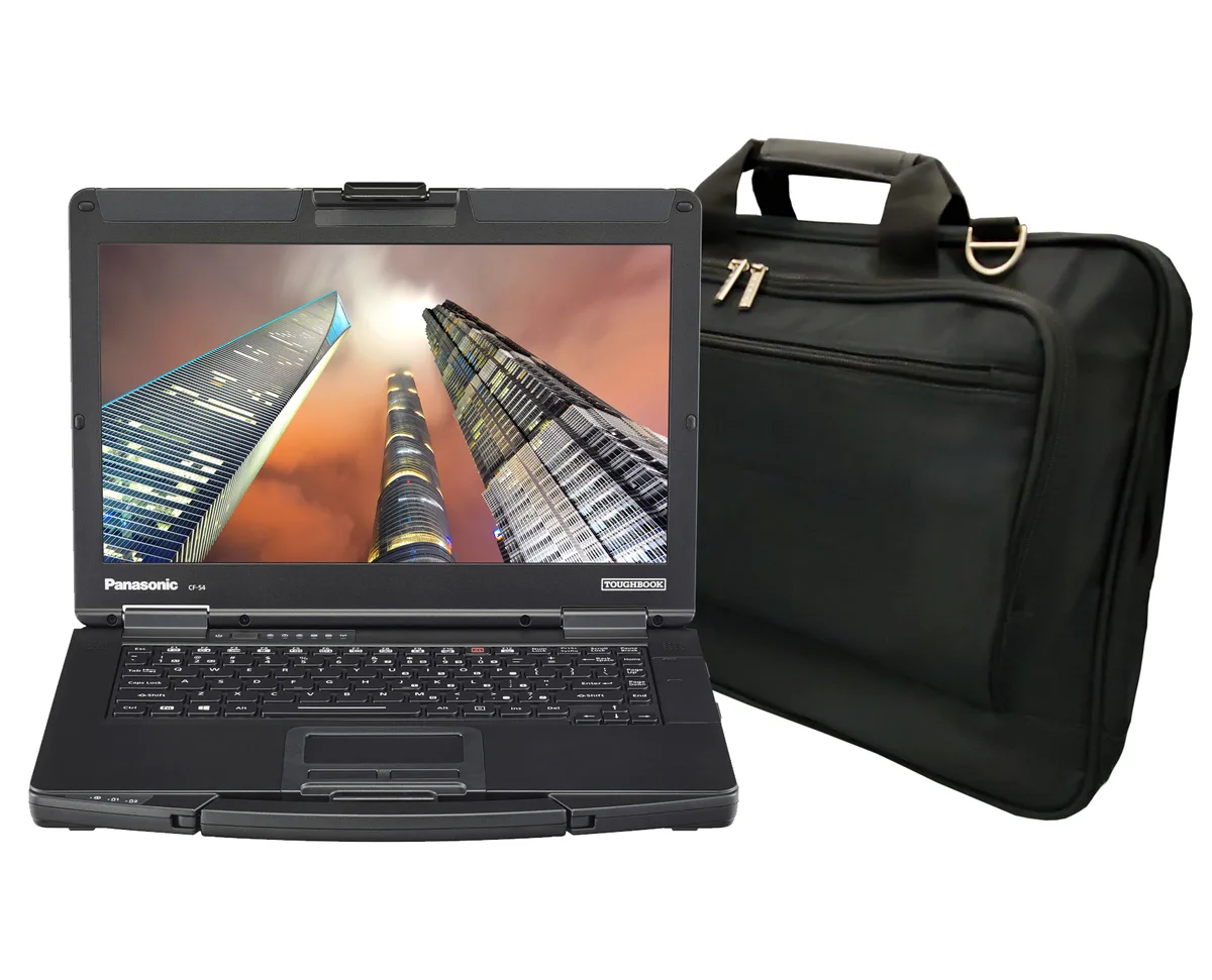 Grey rugged laptop with magnesium chassis and carry handle, 14 inch screen, laptop bag included