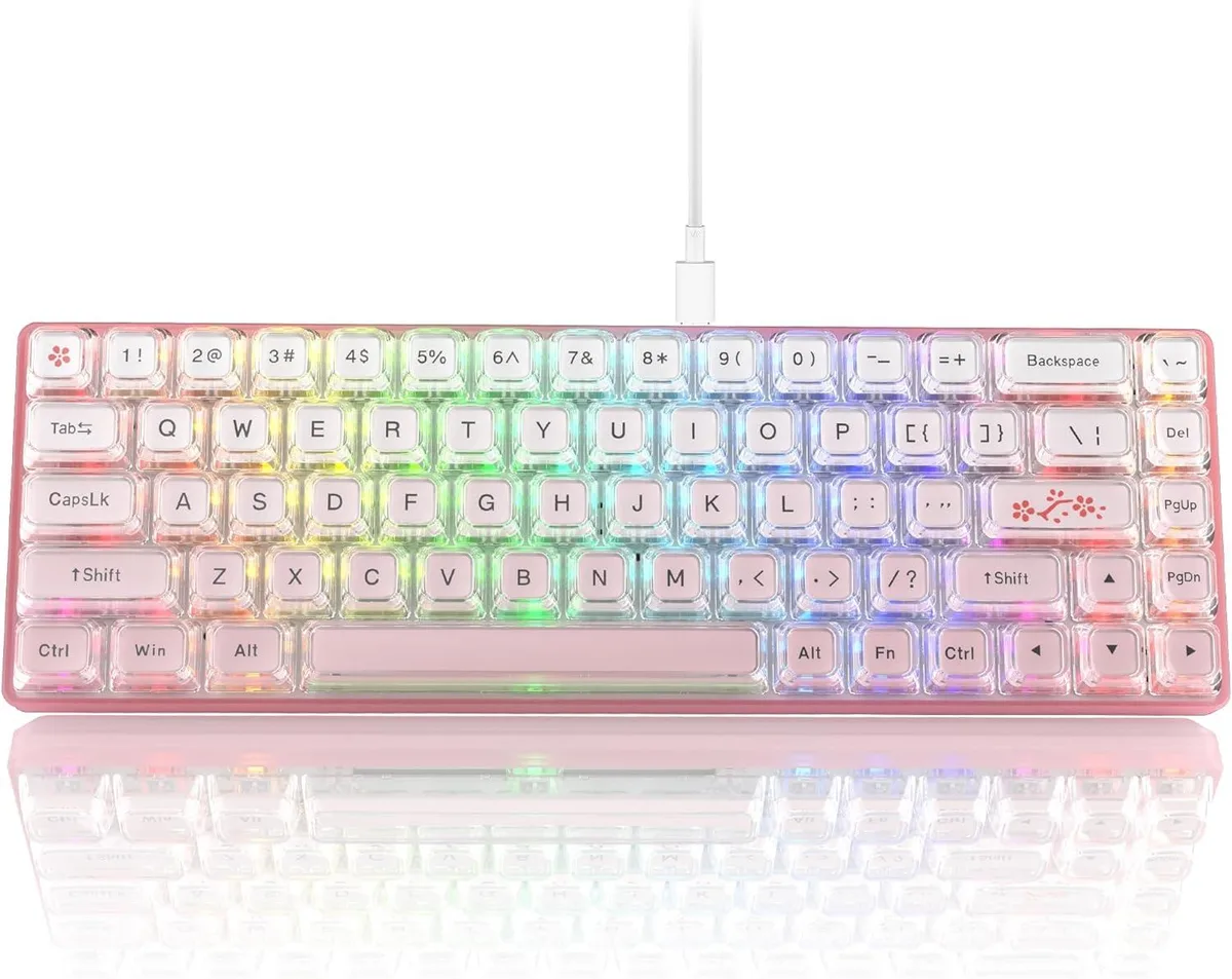 Pink 60% wired mechanical keyboard, matte translucent base, 68 keys with arrow cluster, double-layer keycaps