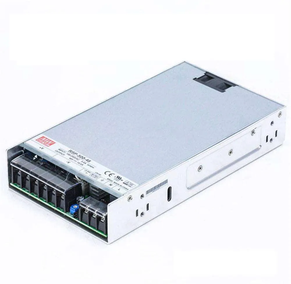 Silver metal enclosed power supply unit with built-in fan and terminal connections