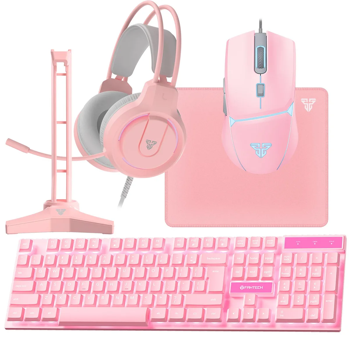 Pink five-piece gaming set with keyboard, mouse, headset, stand and mouse pad