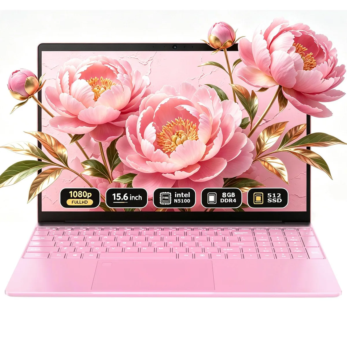 Pink 15.6 inch laptop, slim aluminum chassis, fingerprint reader, backlit keyboard