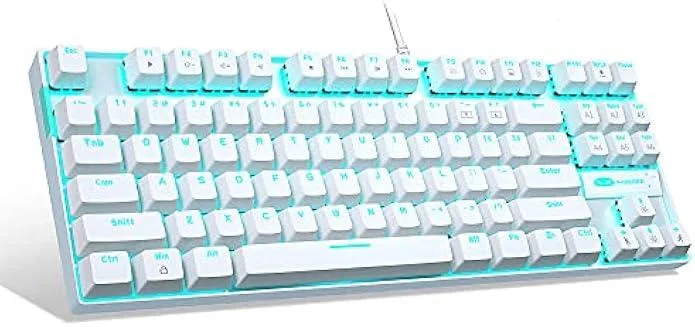 White compact 87-key mechanical keyboard with ice-blue LED backlighting