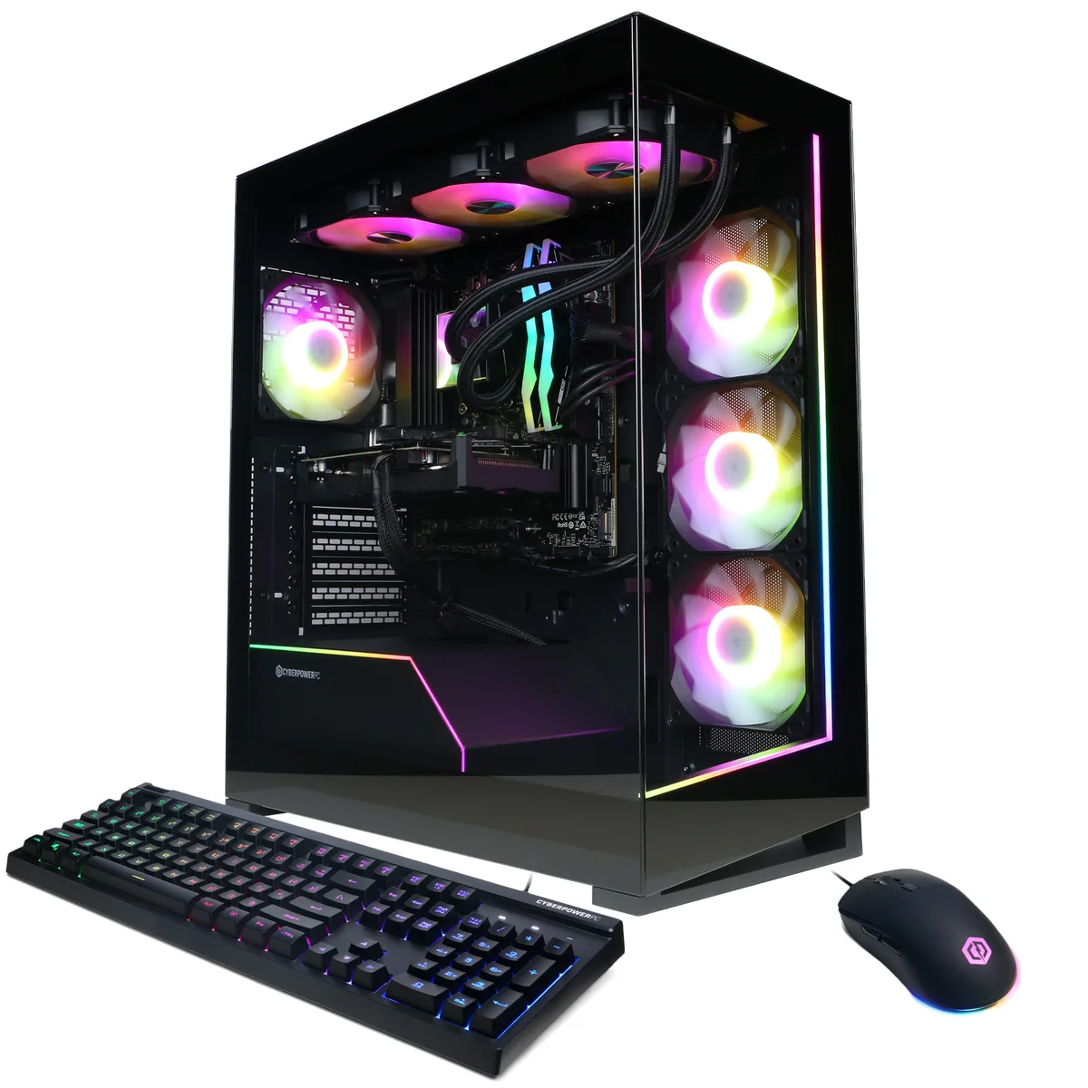 Black mid-tower gaming desktop with liquid cooling and RGB keyboard mouse