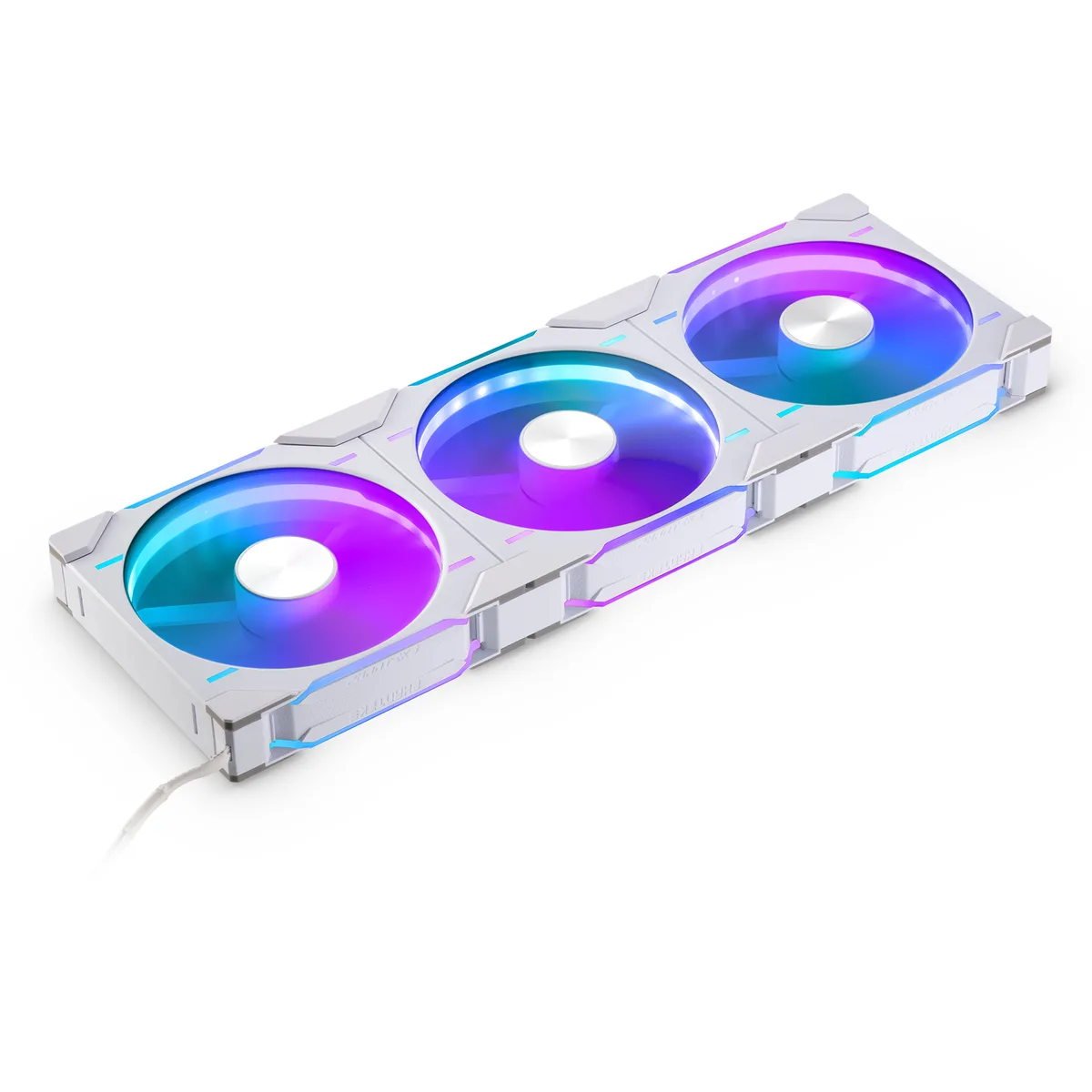 Three white 140 mm square case fans with DRGB lighting rings and thick 30 mm frames shown together