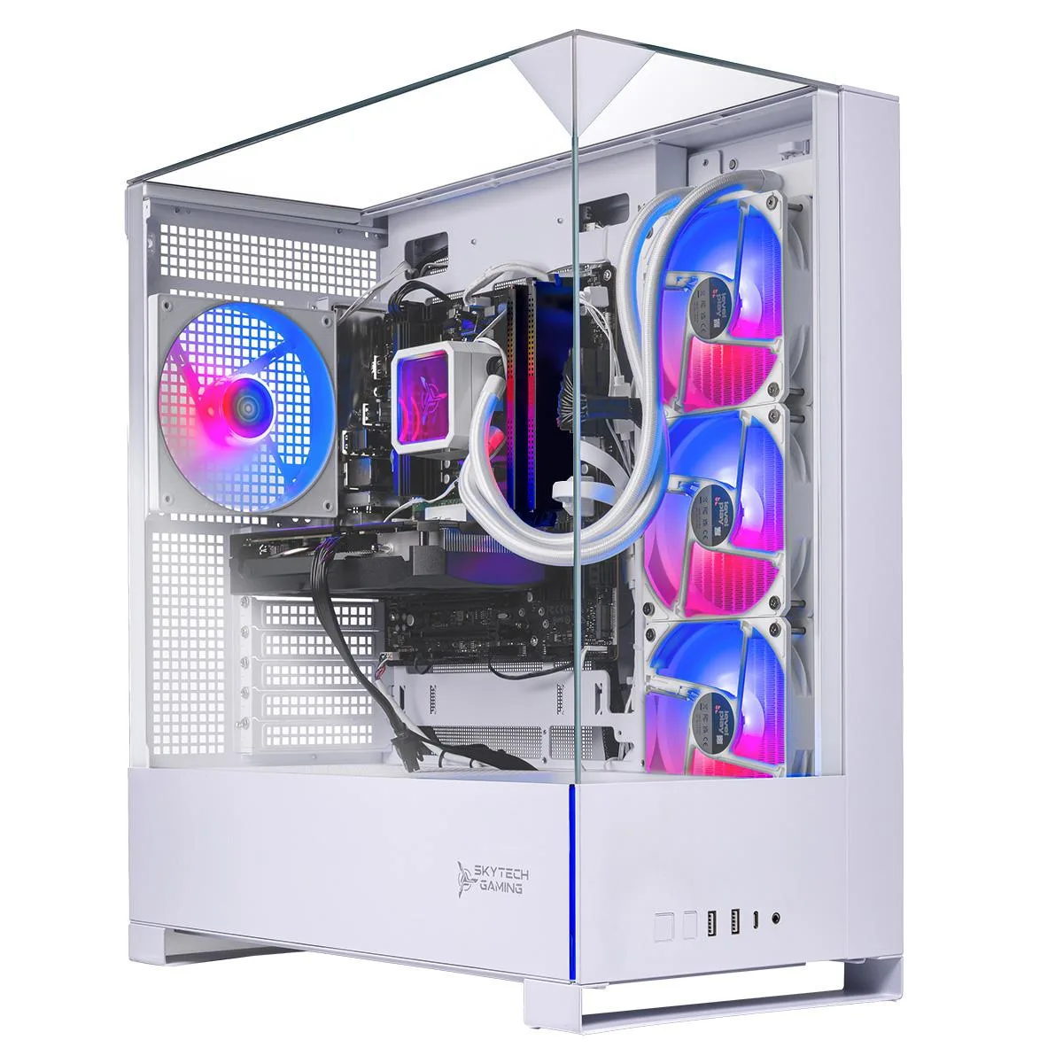 White mid-tower gaming desktop with 360mm ARGB liquid cooler visible through side panel