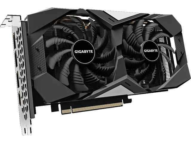 Black dual-fan graphics card with silver backplate, ATX form factor