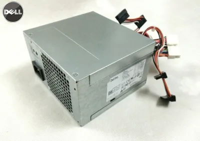 Rectangular metal Dell 265W PSU with fan grille and power socket
