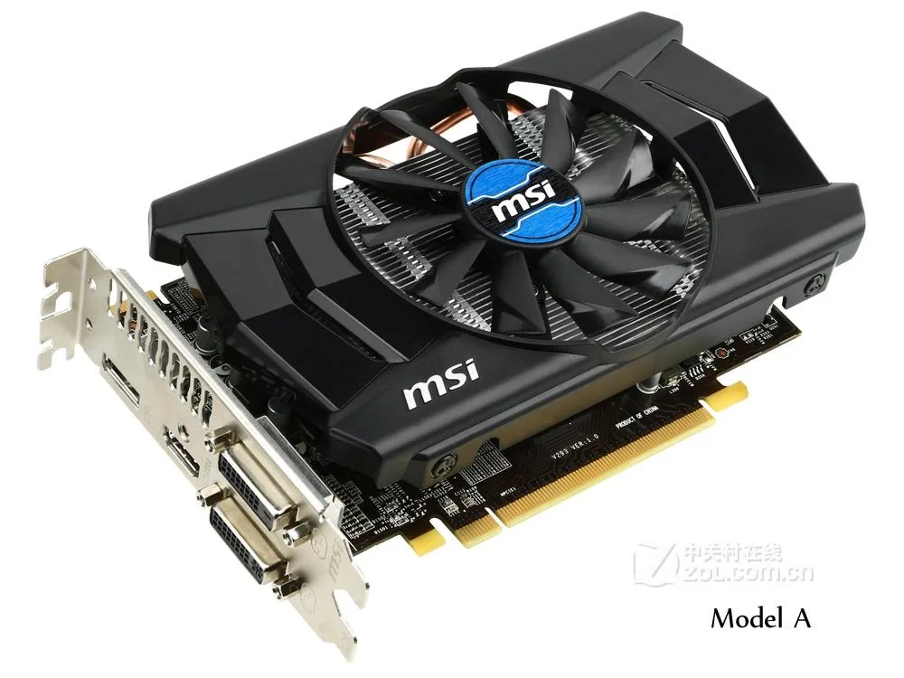 Black dual-slot graphics card with twin axial fans and a 6-pin power connector