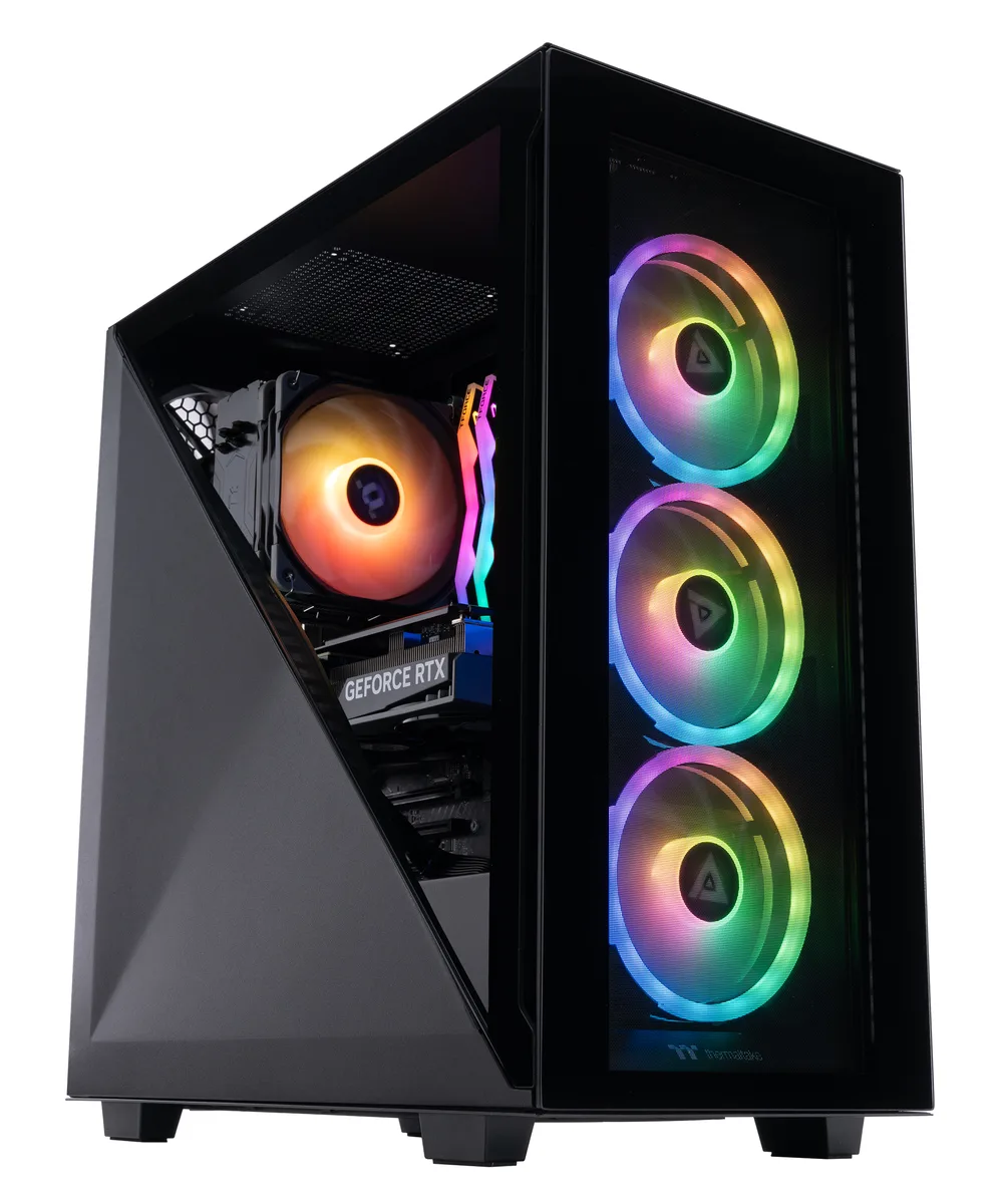 Black micro-tower gaming desktop with RGB-lit interior components visible through side panel