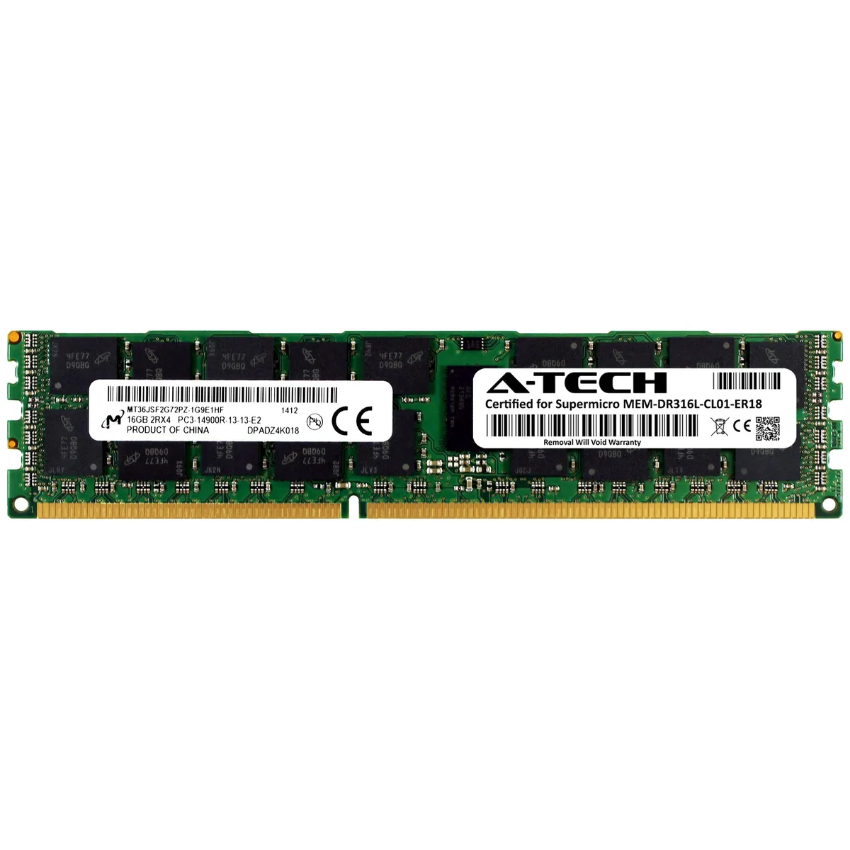 Green 240-pin DDR3 RDIMM module with black memory chips and gold contacts