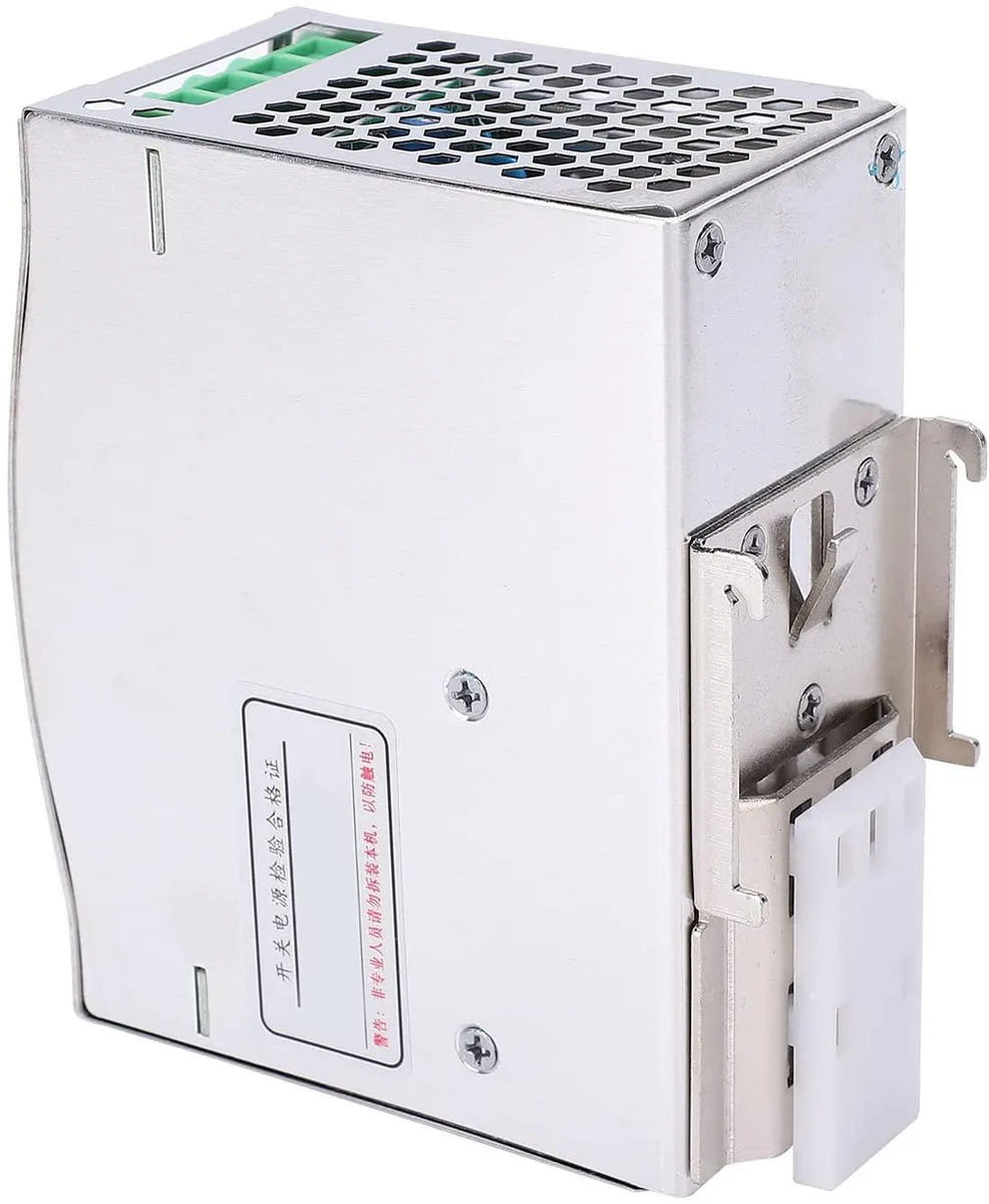 Rectangular silver aluminium DIN-rail power supply with ventilation slots, 55.5 by 125.2 by 100mm