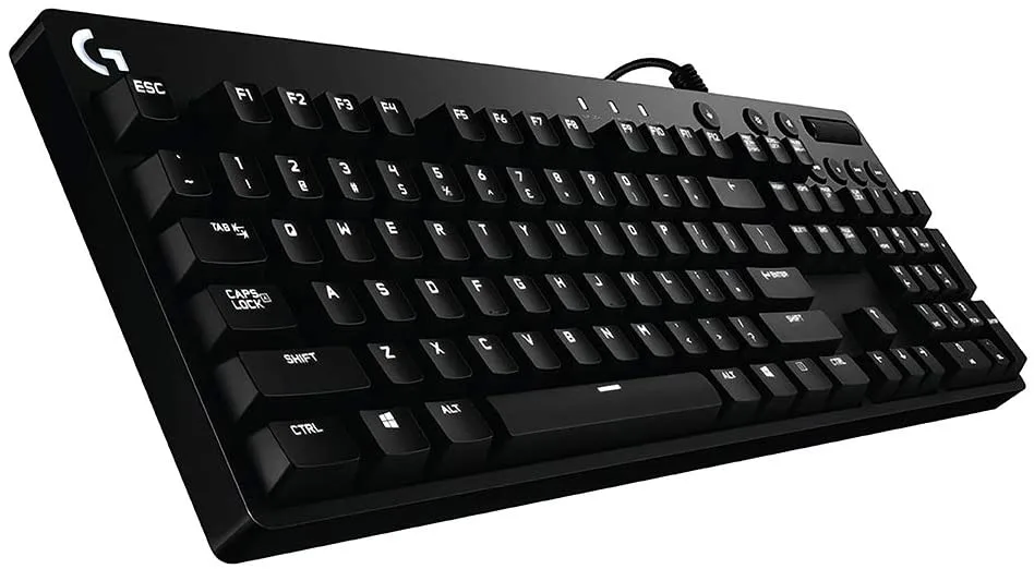 Full-size black mechanical keyboard with red backlit keys and media controls