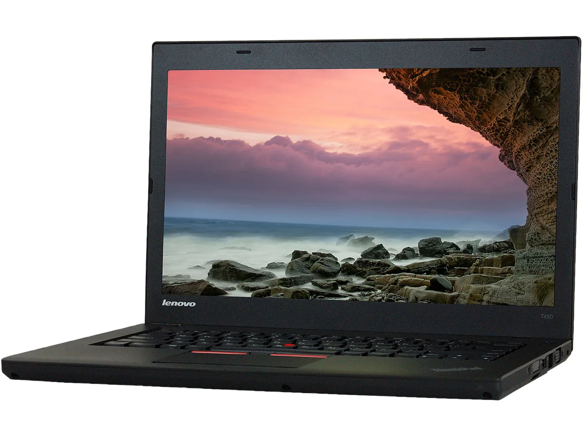 Grey Lenovo T450 laptop, 14 inch non-touch screen, no webcam