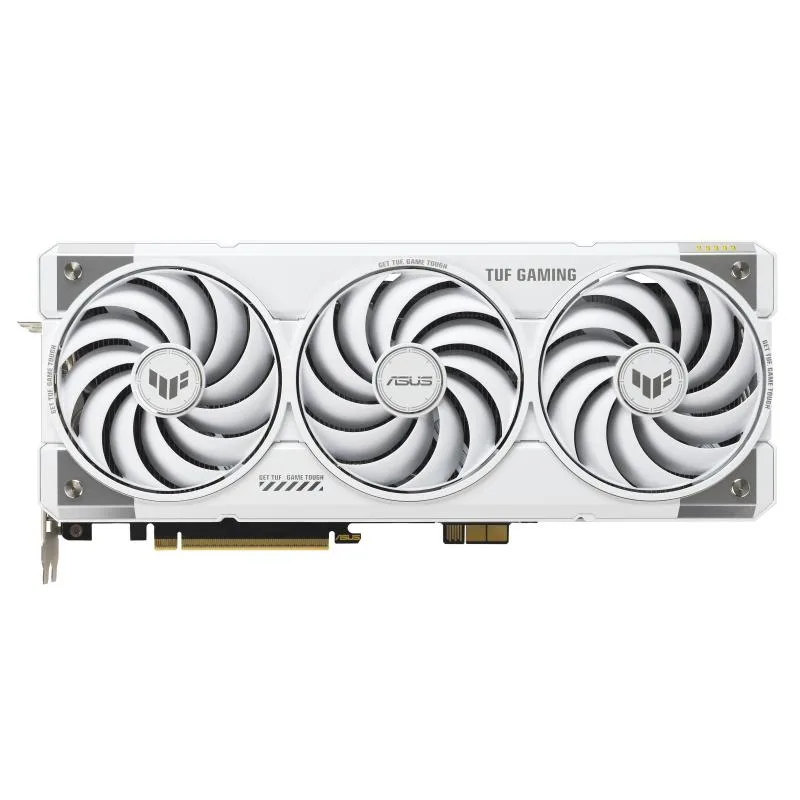 White triple-fan graphics card with BTF back-connector design