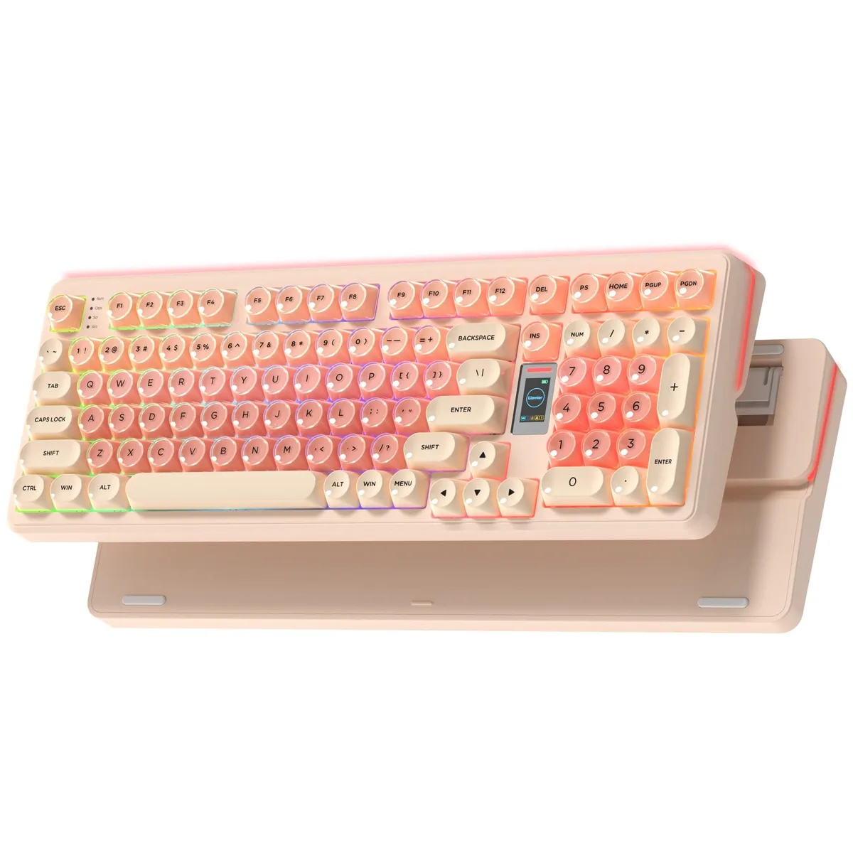 Compact pink mechanical keyboard with translucent jelly keycaps and a colour side screen
