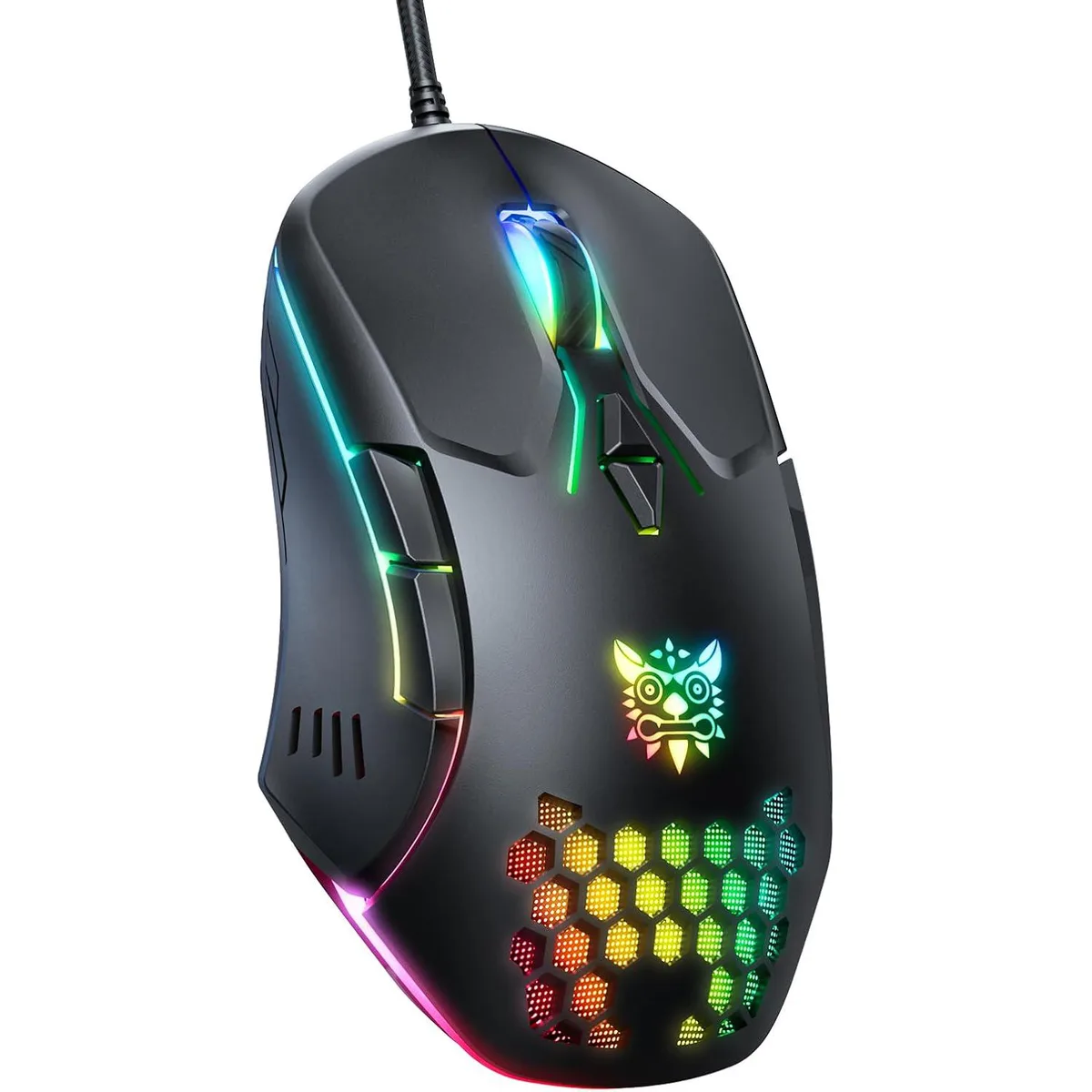 Black wired gaming mouse with ergonomic shape, RGB lighting, seven buttons, optical sensor up to 3600 dpi