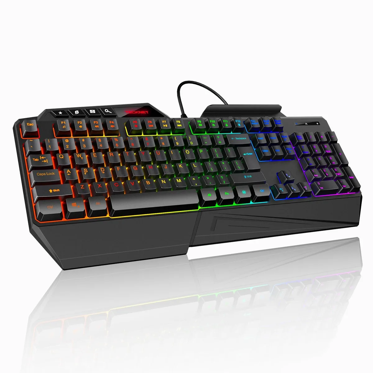 Black full-size membrane keyboard with wrist rest and phone holder, RGB backlighting