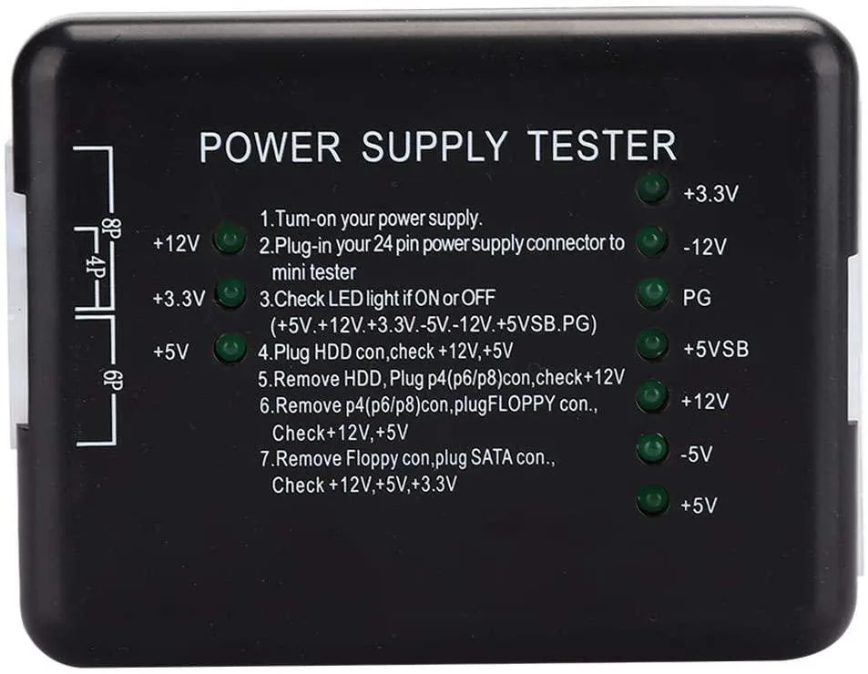 Black ABS ATX power supply tester with LED voltage indicators and 24, 20, 12, 3.3, SATA connectors