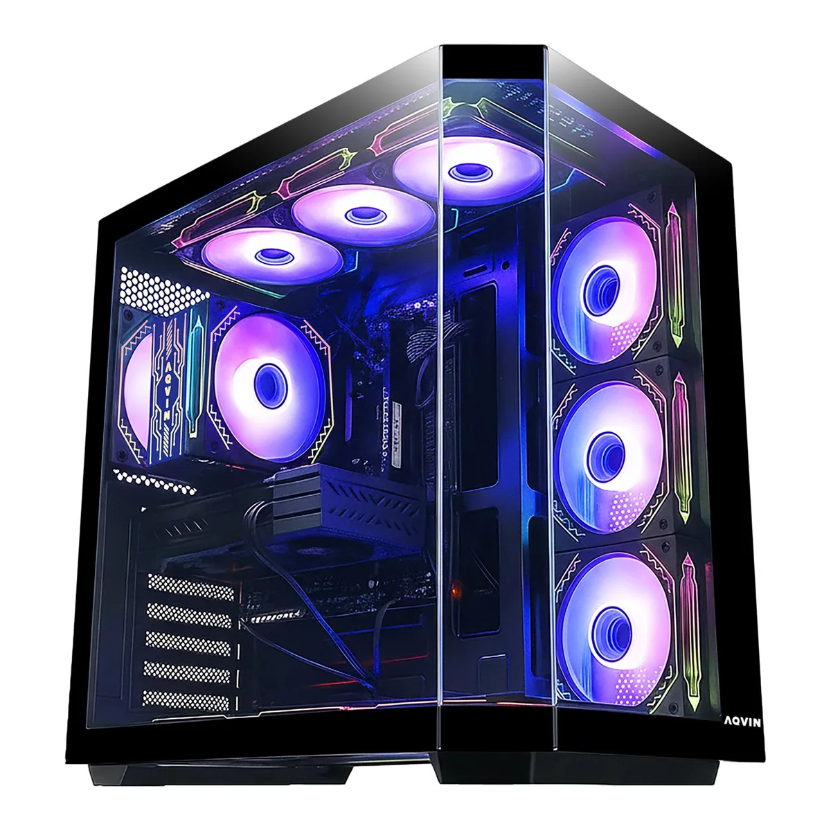 Black tower gaming desktop with customizable RGB lighting