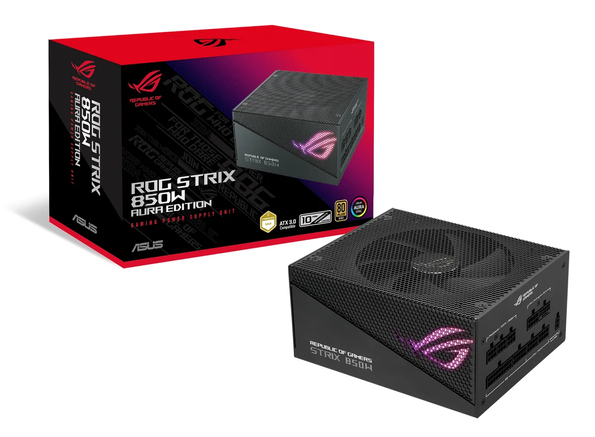 Rectangular black ATX power supply with perforated fan grille and ROG branding