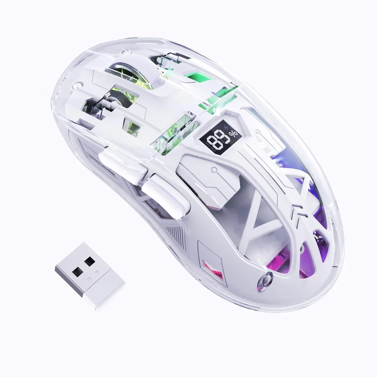 White transparent wireless gaming mouse with RGB lighting and digital screen