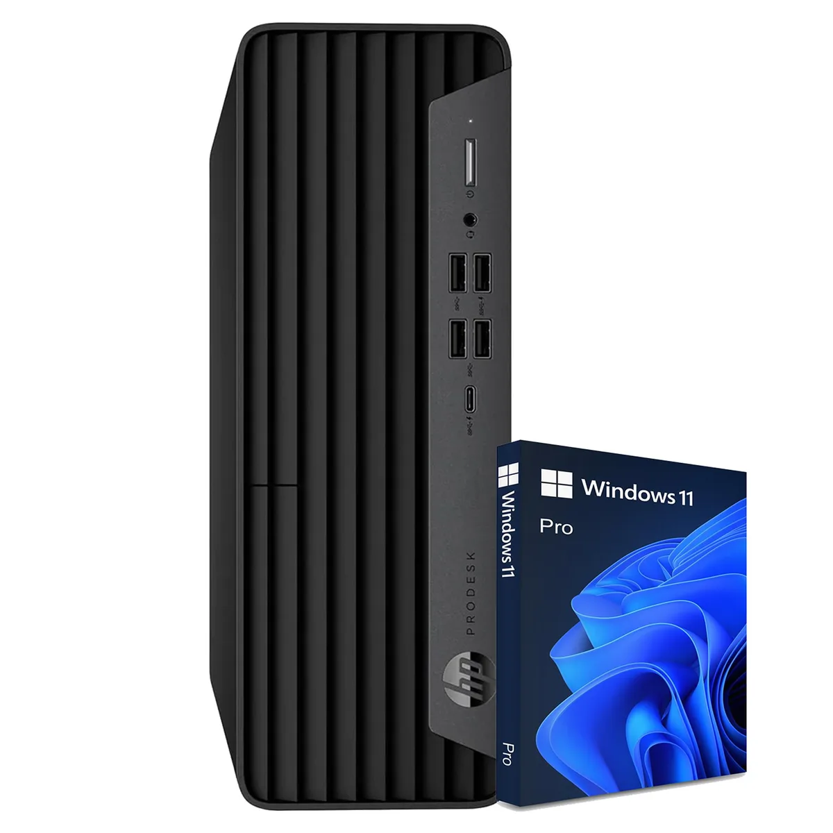 Black small-form-factor desktop tower with front USB ports and power button