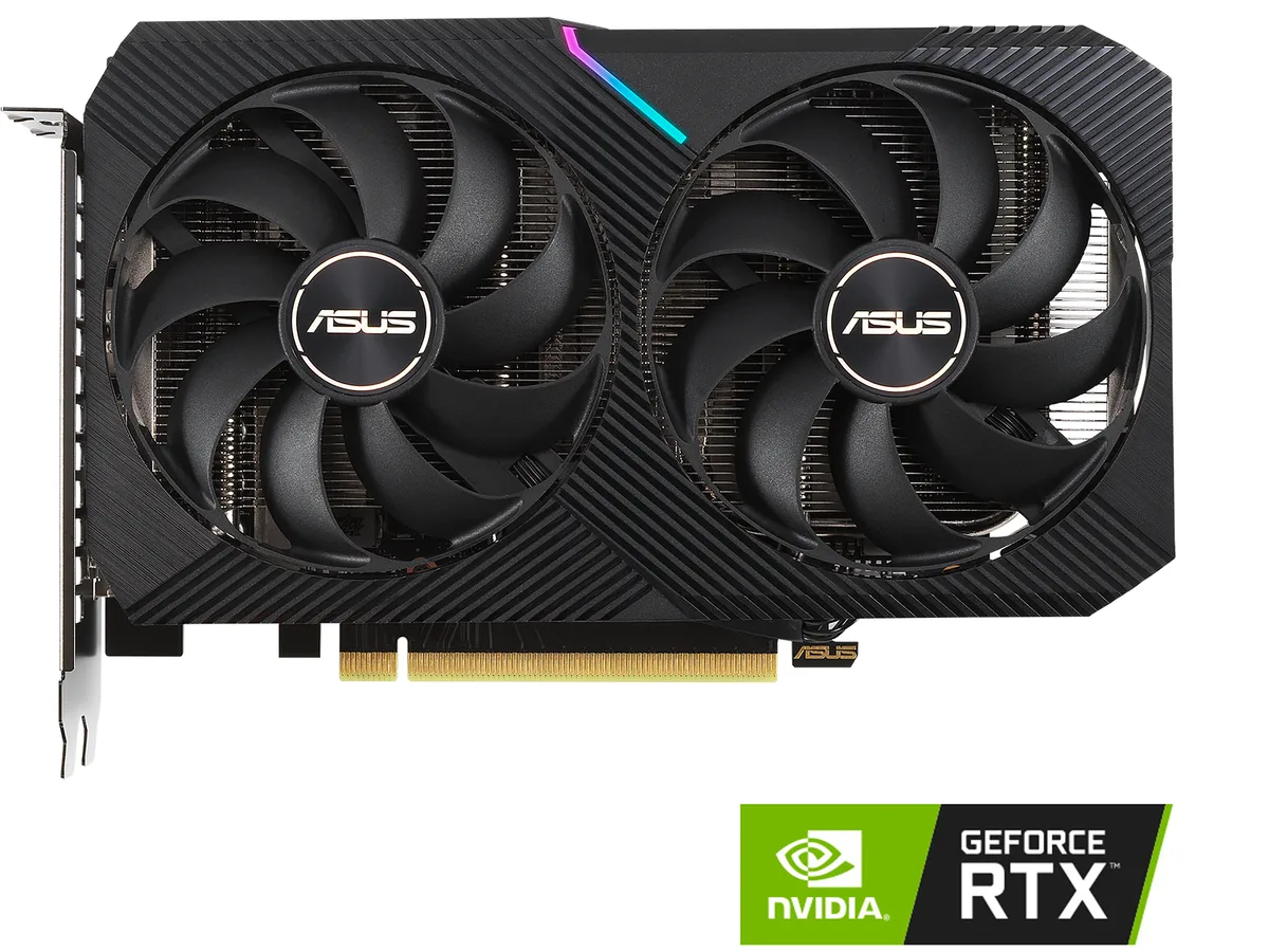 ASUS Dual GeForce RTX 3060 graphics card with two axial fans, silver backplate and PCIe 4.0 interface