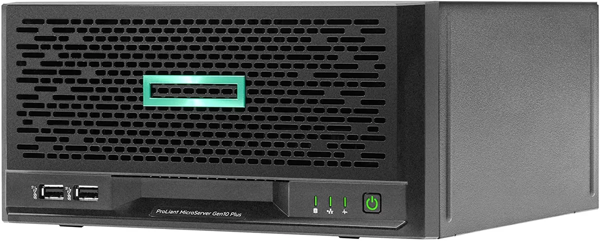 Compact tower server in silver metal finish, front drive bays visible