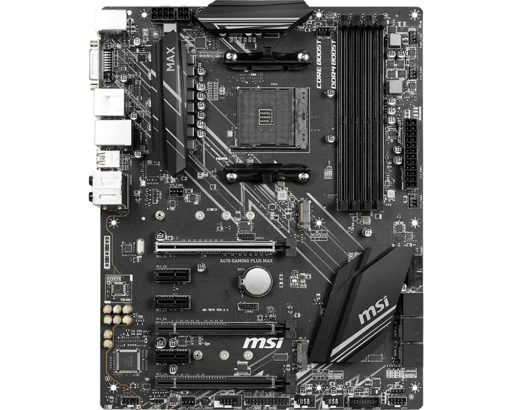 Black rectangular ATX motherboard with silver heatsinks and multiple expansion slots
