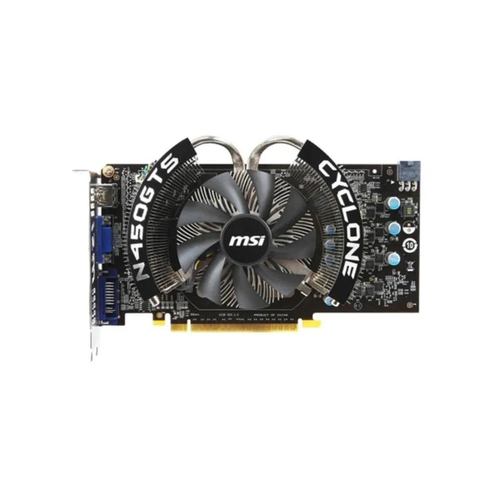 MSI GeForce GTS 450 Cyclone graphics card with dual-fan cooler, black finish, 1GB GDDR5
