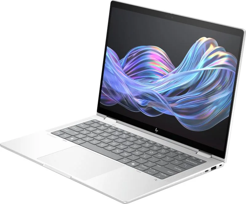 Silver 14-inch convertible laptop with fold-back hinge