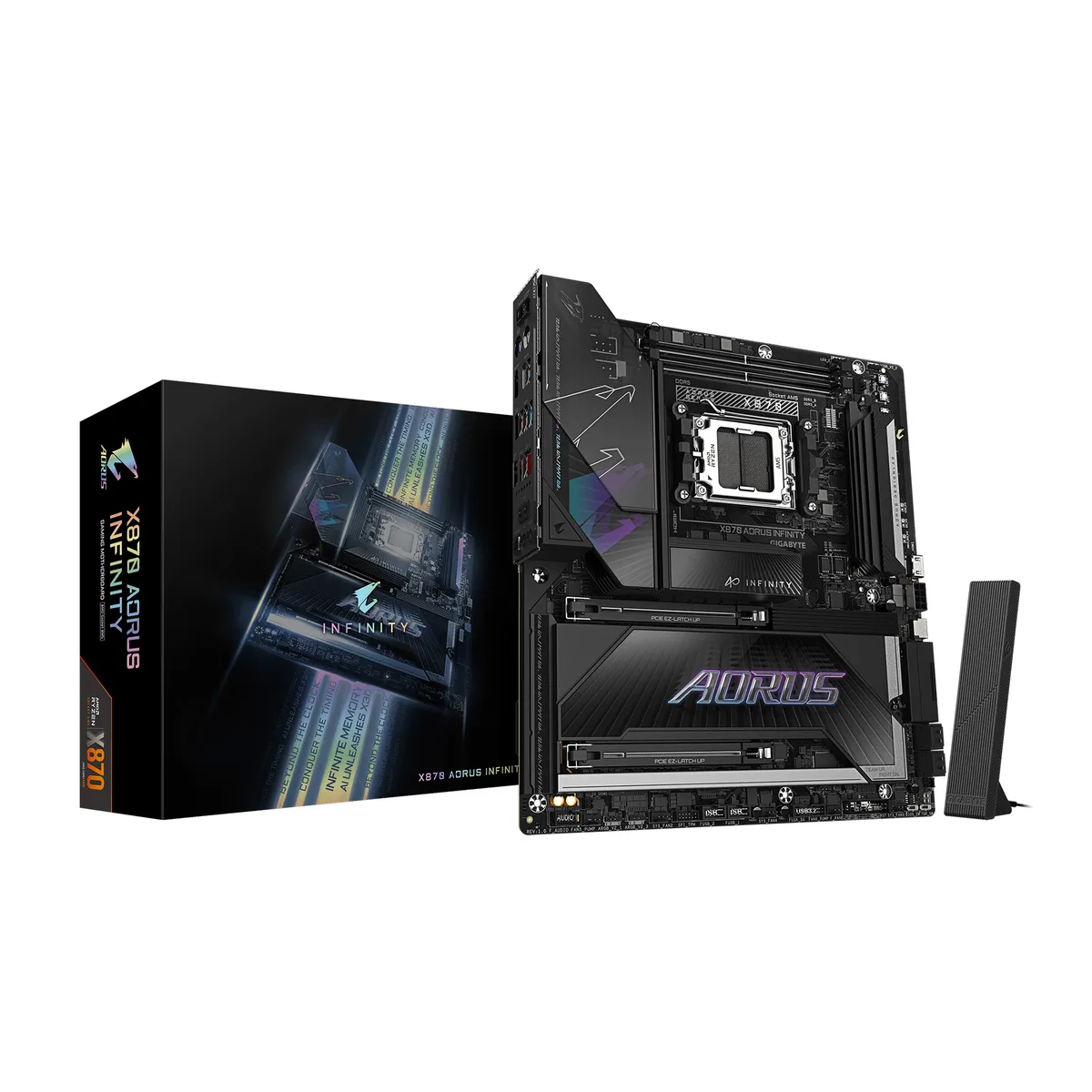 Rectangular extended ATX motherboard with silver heatsinks and black PCB
