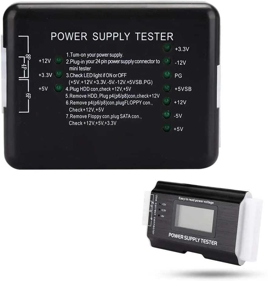 Compact aluminium power-supply tester with LCD screen and multiple connector sockets