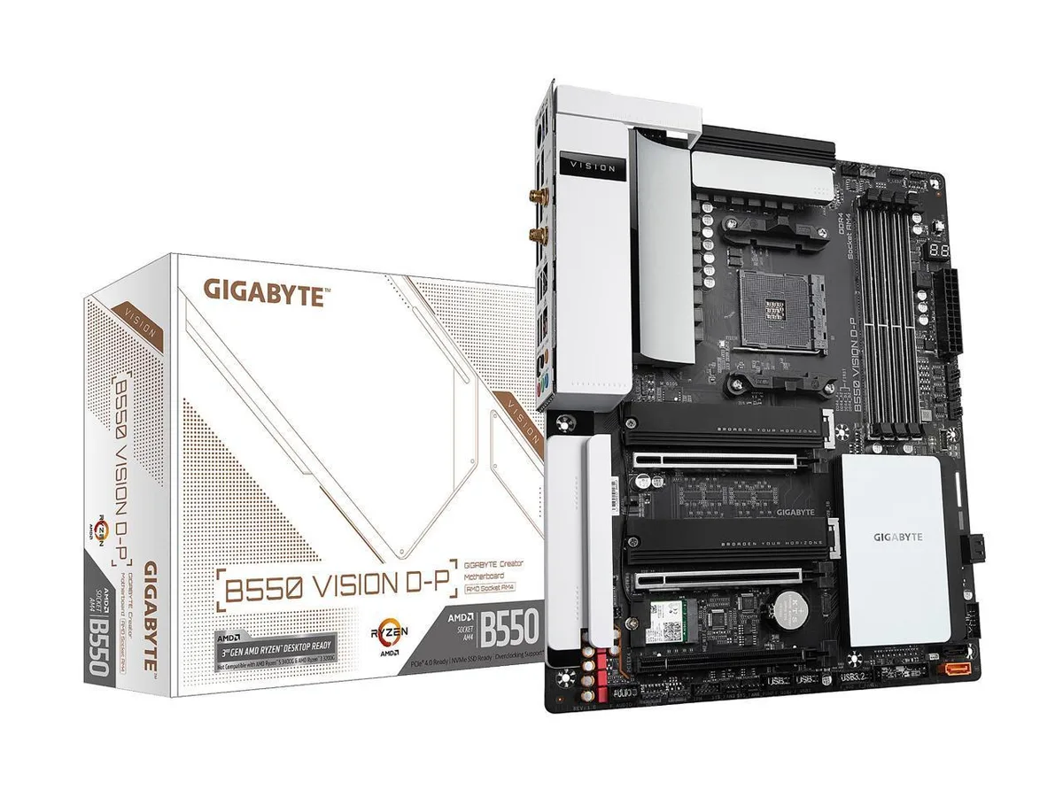 A full-size ATX motherboard with a silver-and-black finish, four DDR4 slots, twin M.2 heatsinks, and rear I/O showing USB-C