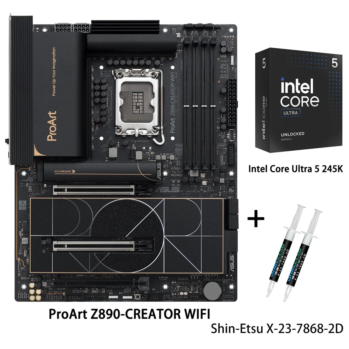 ATX motherboard with silver heatsinks and bundled Core Ultra 5 245K CPU