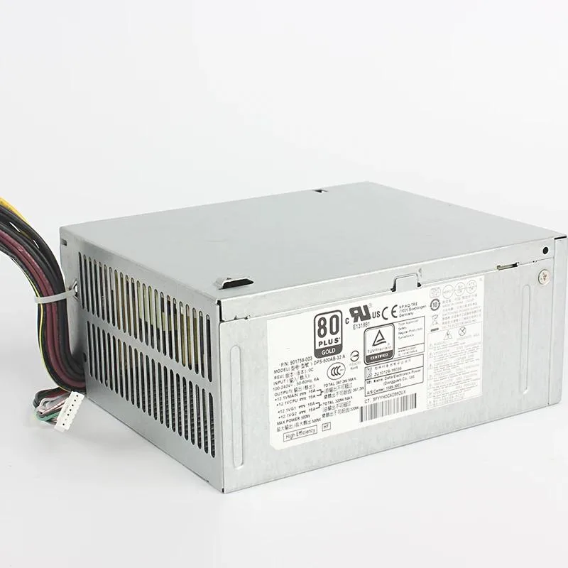 Rectangular ATX power supply unit with matte black metal casing and cooling fan grille