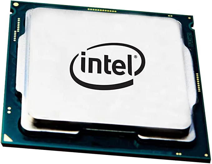 Silver square desktop processor with gold contacts and green substrate visible