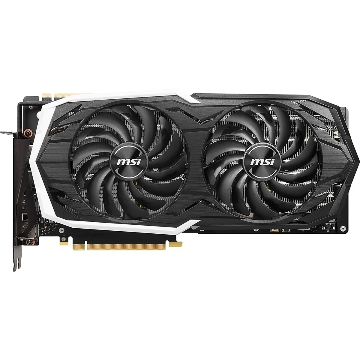 Black dual-fan graphics card with silver shroud and metal backplate